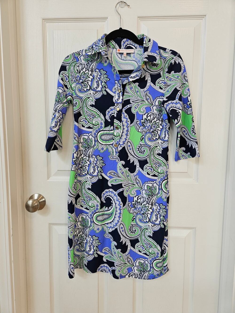 Jude Connally XS Paisley Shift Dress Blue Green Navy 3/4 Sleeve Stretch USA
